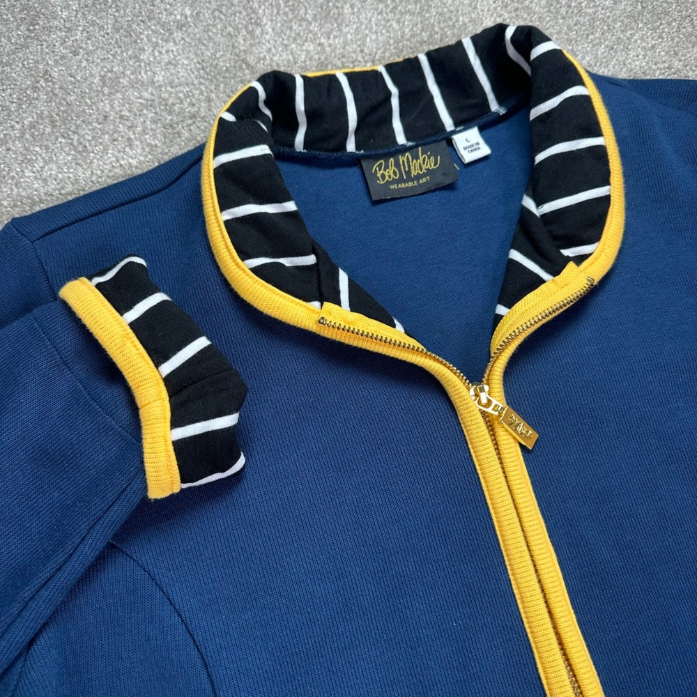 Bob Mackie Wearable Art Jacket L Blue Yellow Stripe Full Zip Long Sleeve Busines